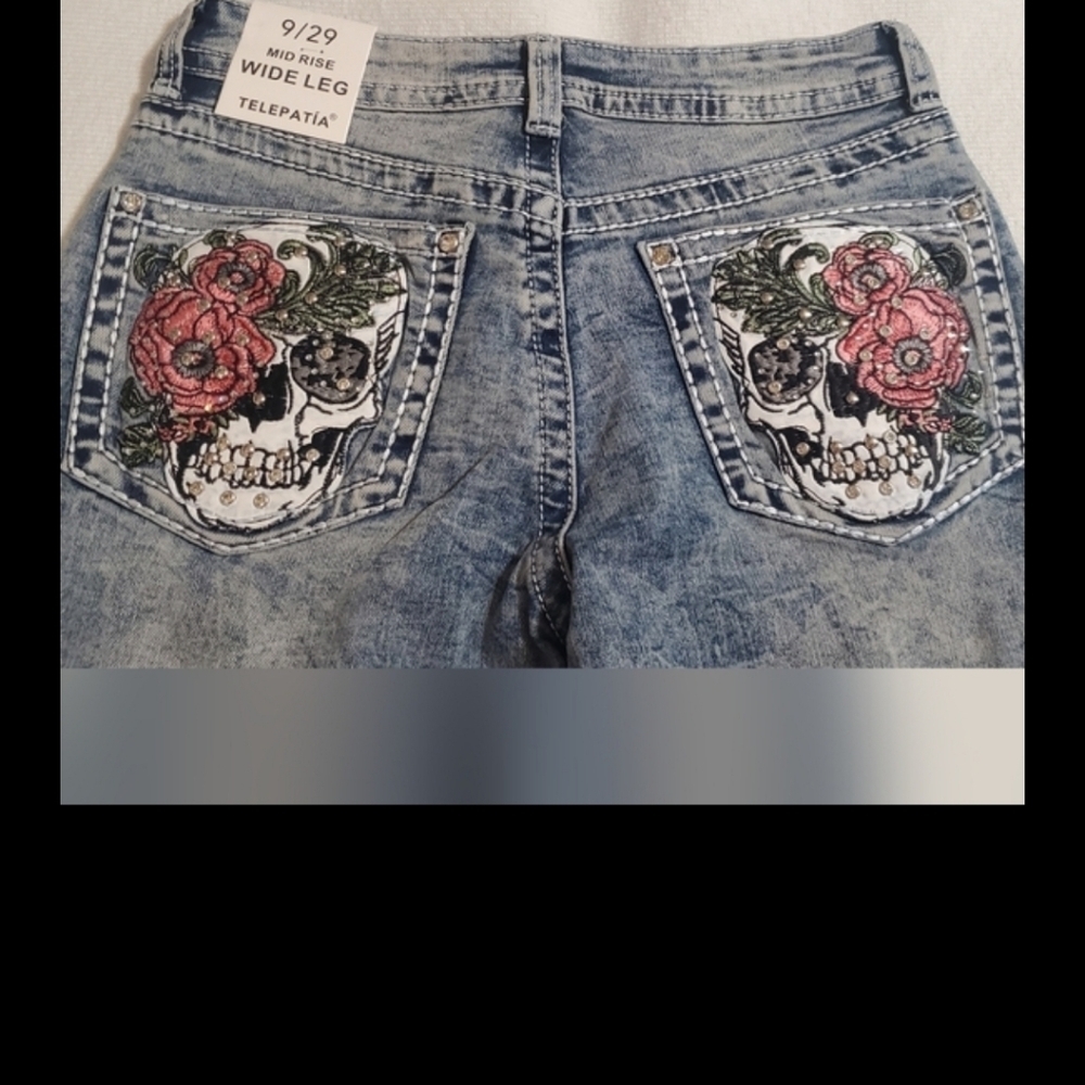 Telepathe Blue Embroidered Women's Flare Jeans With Skull Design. Sz 9x29